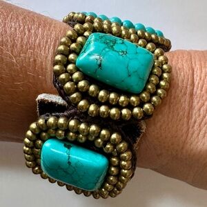 Chunky Turquoise Gold Beaded Leather Cuff Bracelet Southwestern Festival